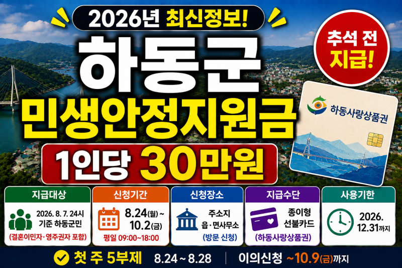 2026 하동군 민생안정지원금 30만원 | 추석 전 받아야 할 지원금·대상·신청방법·사용처