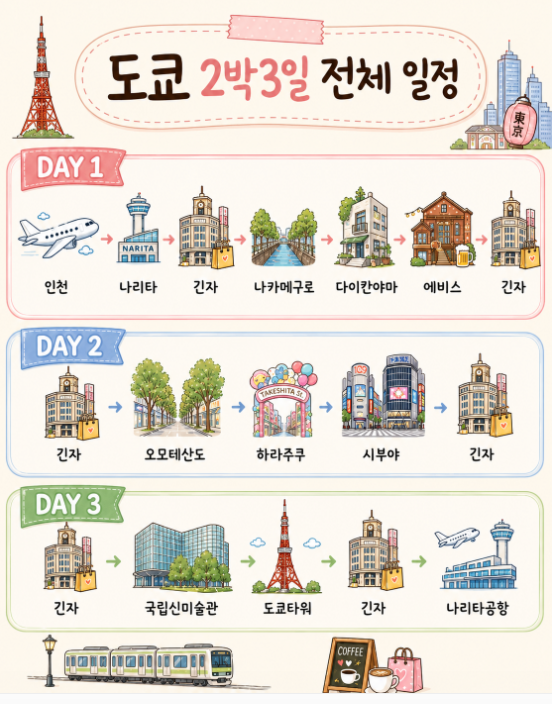 도쿄 2박3일 자유여행 일정 총정리｜긴자·나카메구로·시부야 여행코스