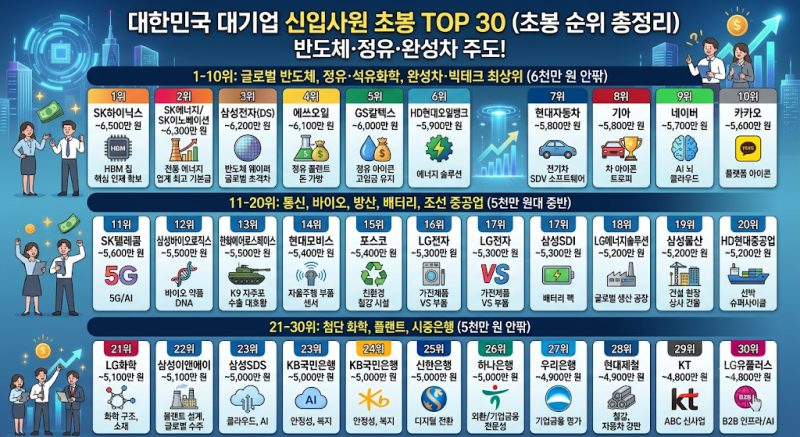대한민국 대기업 신입사원 초봉 TOP 30은 어디일까? 반도체·정유·완성차가 주도하는 초봉 순....