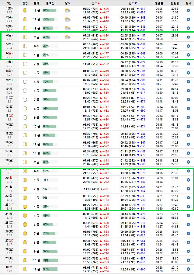 9월 선상 쭈꾸미 출조 필독! 물때표로 보는 물흐름별 봉돌 호수 가이드(9월 보령 기준)
