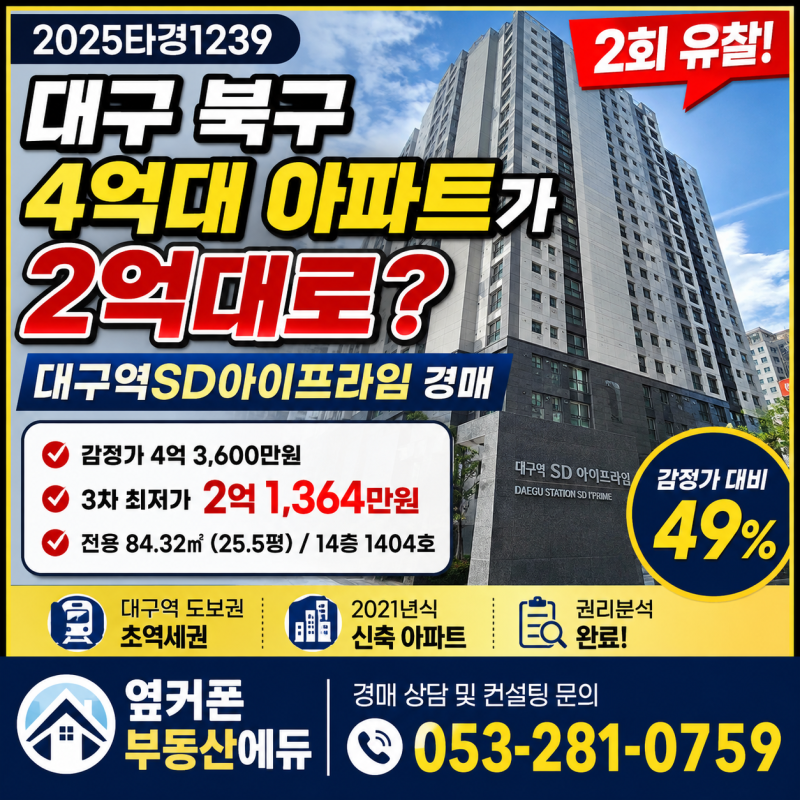 대구 북구 경매아파트 4억대 아파트가 2억대로? 대구역SD아이프라임 경매 2025타경1239 사진 2