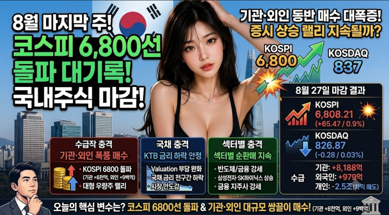8월 27일 국내증시 마감 총정리 코스피 6,900선 돌파 코스닥 +1.3% 동반 급등! 외인 기관 1.3조 쌍....