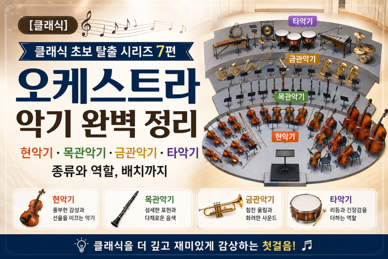 [클래식] 클래식 초보 탈출 시리즈 7편 / 오케스트라 악기 완벽 정리｜현악기·목관악기·금....