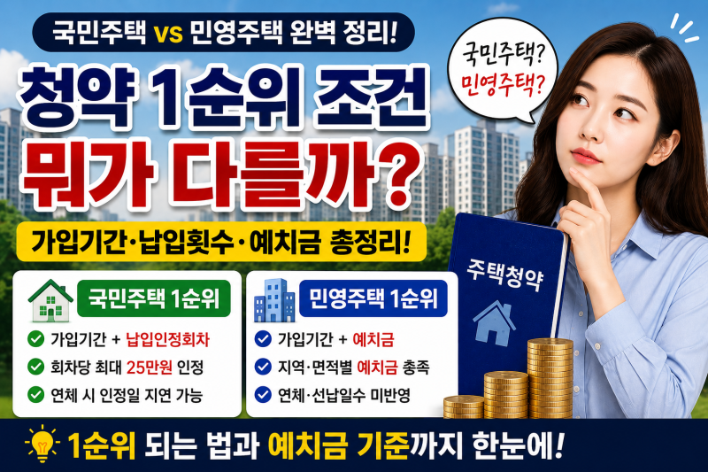 청약 1순위 조건 뭐가 다를까? 국민주택·민영주택 가입기간·납입횟수 정리