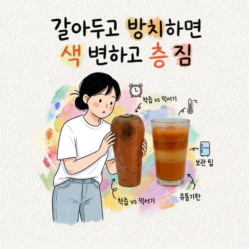 갈아두고 방치하면 색 변하고 층 짐 당근주스 만들기 착즙 믹서기 차이 조합 보관법 유통기....