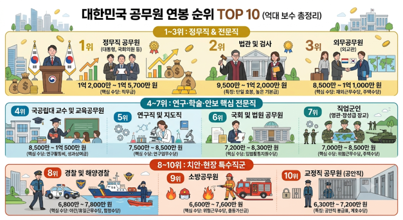 대한민국 공무원 연봉 순위 TOP 10은 무엇일까? 정무직과 전문직이 이끄는 억대 보수 총정리!