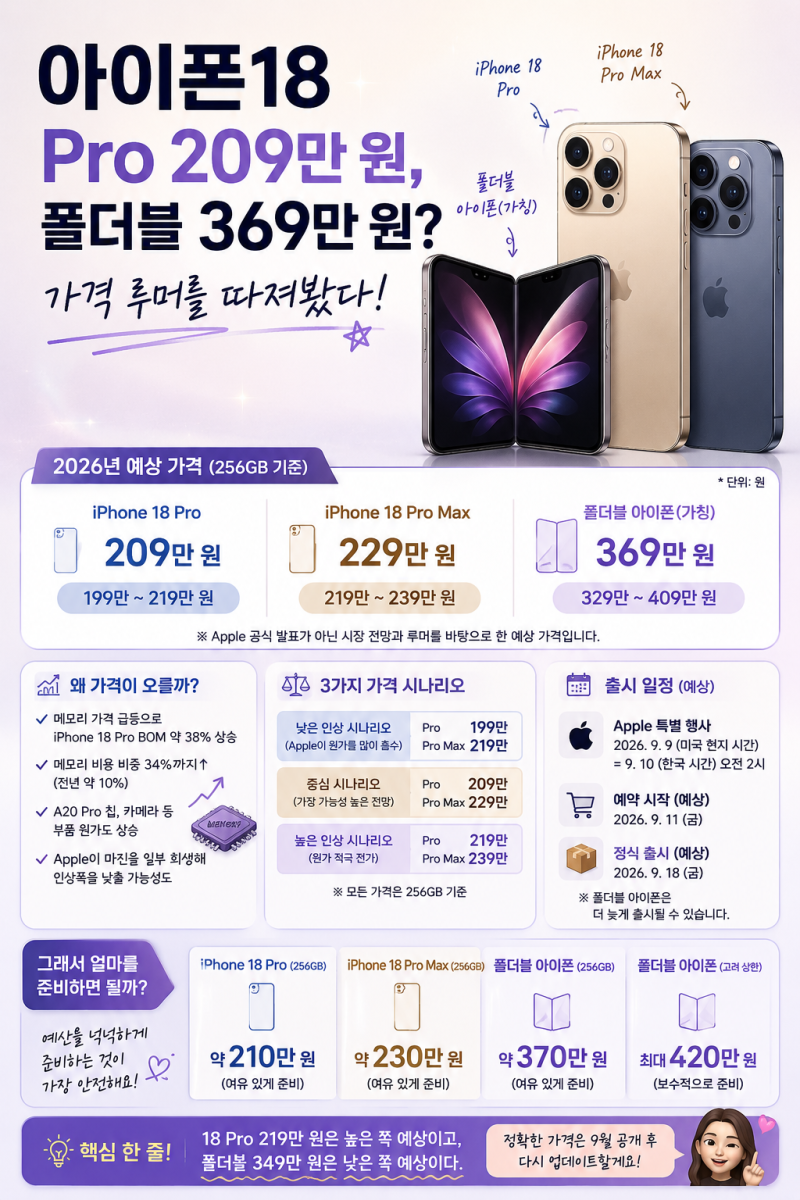 [ 루머 ] 아이폰 18 Pro 209만 원, 폴더블 369만 원?