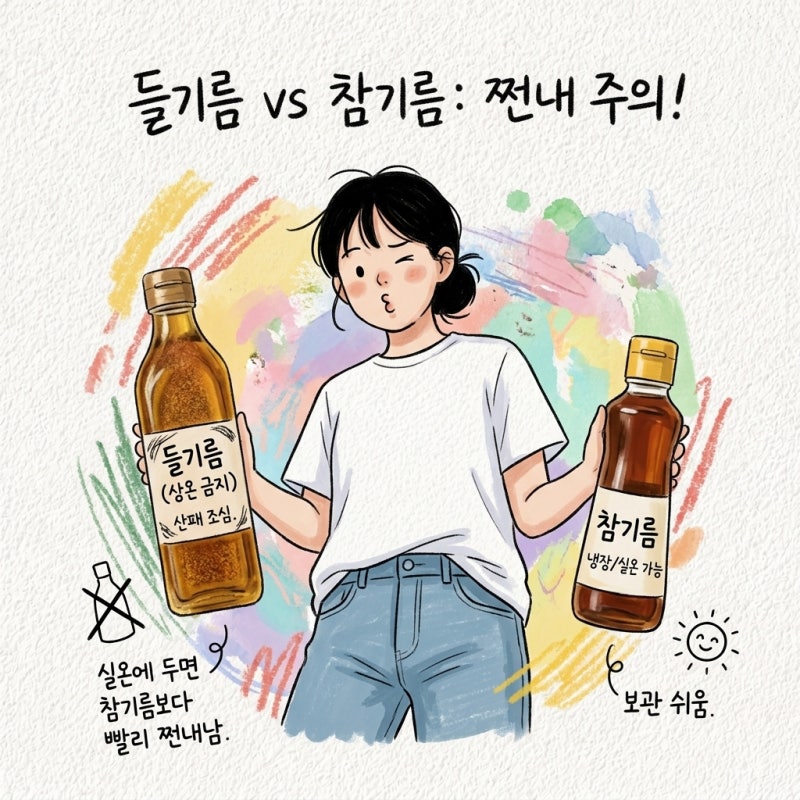 실온에 두면 참기름보다 빨리 쩐내남 들기름 참기름 차이 보관법 산패 발연점 쓰는법 상한거....