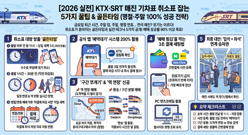 [2026 실전] KTX·SRT 매진 기차표 취소표 잡는 5가지 꿀팁 & 골든타임 (명절·주말 100% 성공 전략)