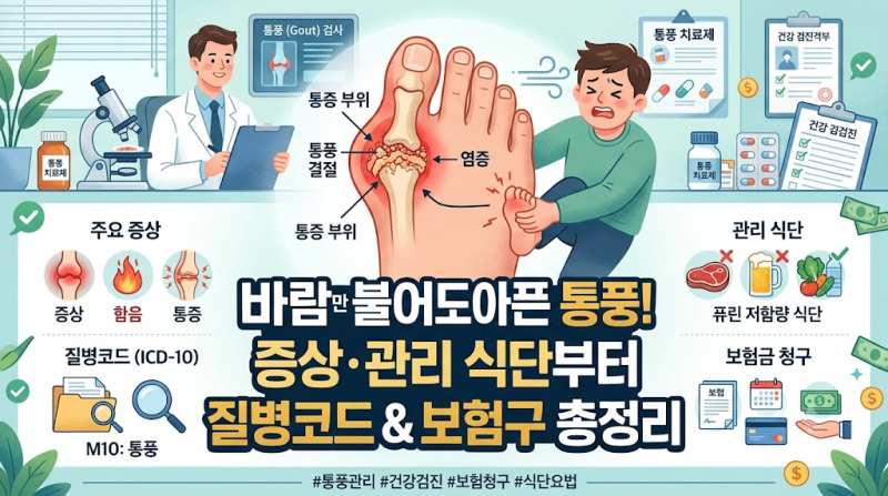 통풍 관리법 완벽 정리: 요산 수치 낮추는 식단부터 KCD 질병코드 및 보험금 청구 팁까지!