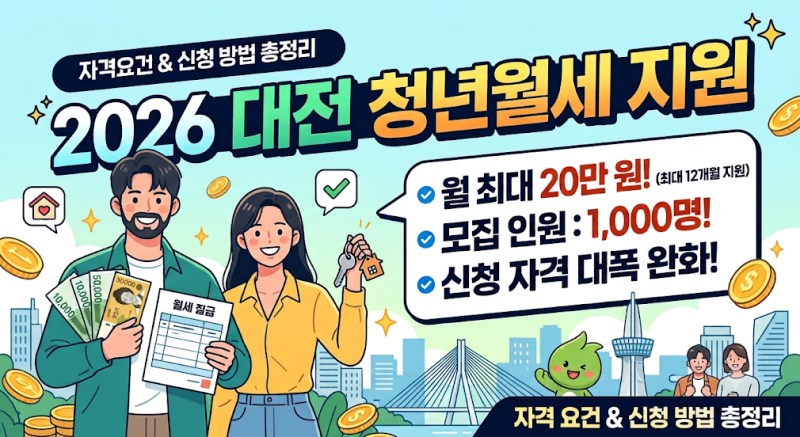 2026년 대전시 청년월세 지원사업, 신청기간 26년8/31 ~ 9/10, 청년주거혜택!