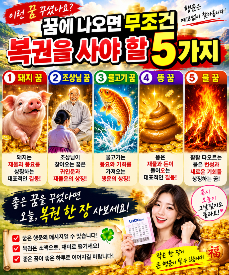 복권 사야 하는 대박꿈 5가지｜돼지꿈·조상꿈·물고기꿈·똥꿈 그리고 마지막 꿈은?