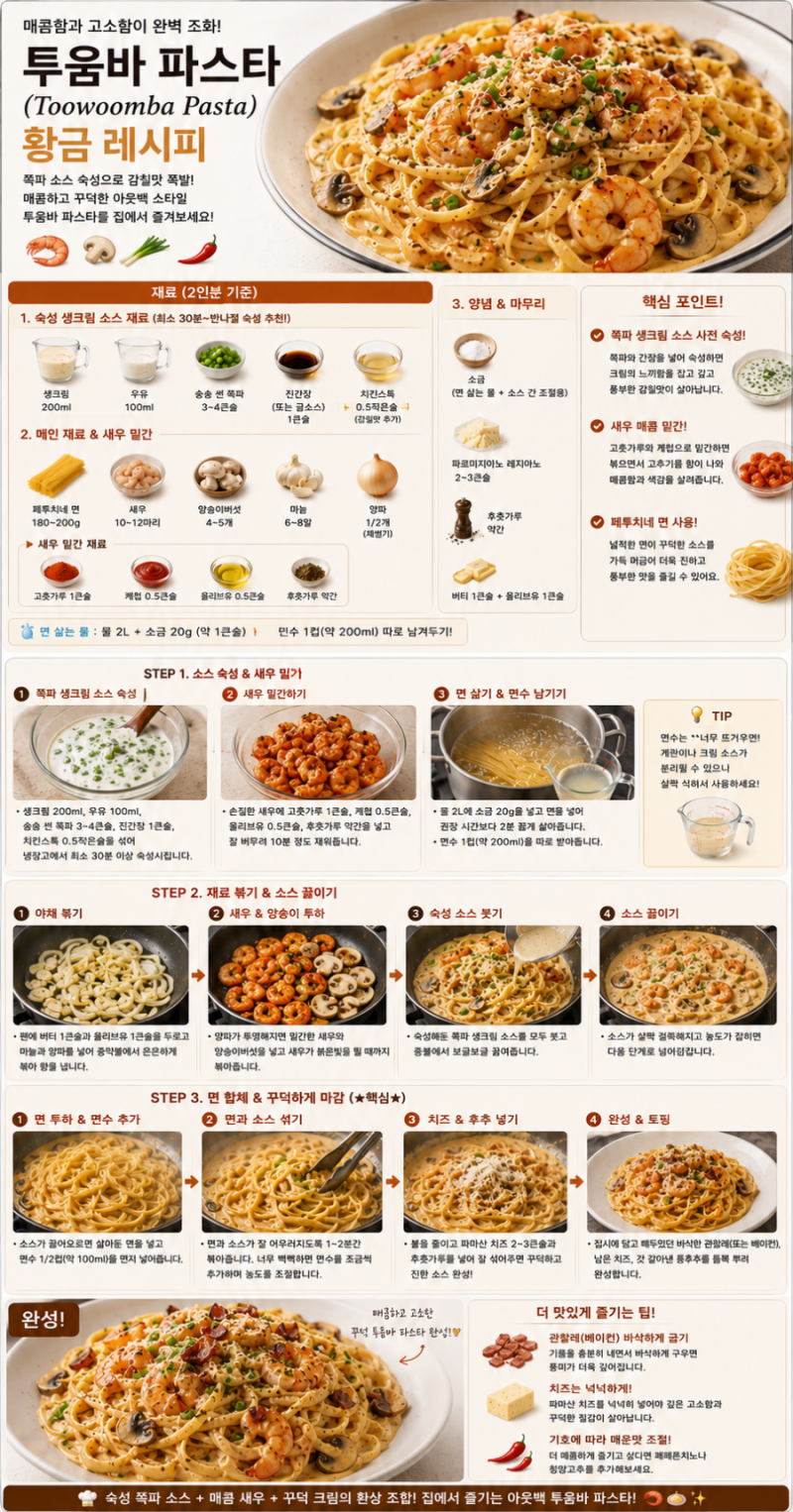 아웃백 맛 그대로! 집에서 만드는 꾸덕하고 진한 투움바 파스타 황금 레시피