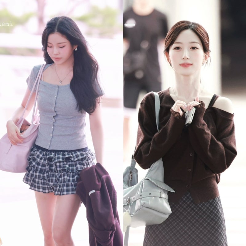 엔믹스 공항룩! 규진 해원 반팔 가디건 치마 니트 가방 등 사복 패션 정보