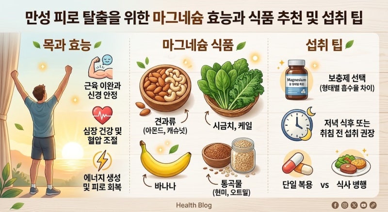 만성 피로 탈출을 위한 마그네슘 효능과 식품 추천 및 섭취 팁