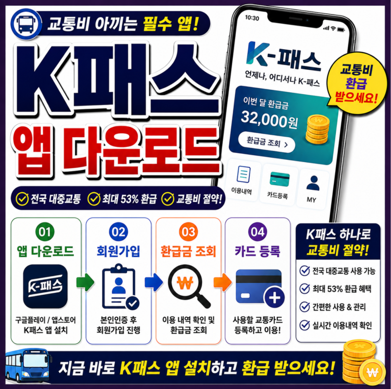 K패스 앱 다운로드 회원가입 카드 등록 환급금 조회 방법