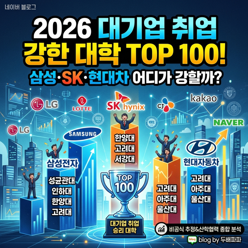 2026 국내 10대 대기업 입사자 배출 대학 순위 TOP 100, 삼성·SK·현대차 취업에 강한 대학은?