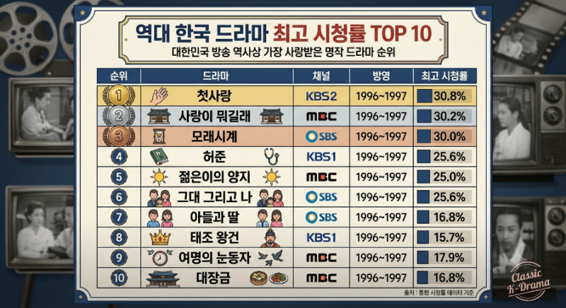 국내드라마 역대 최고시청률 top10 기본정보 등장인물 줄거리