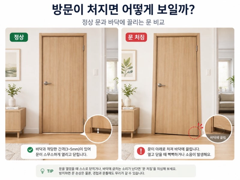 방문이 처지거나 바닥에 끌릴 때｜경첩 나사부터 확인하는 문 조절 방법