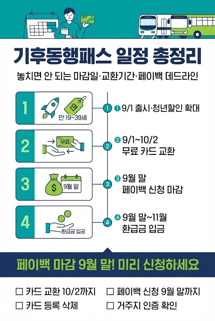 기후동행패스 일정 총정리 | 9월 놓치면 안 되는 마감일·교환기간·페이백 데드라인 한눈에