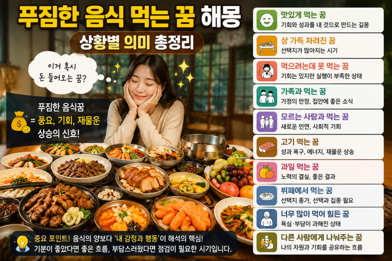 푸짐한 음식 먹는 꿈 해몽｜돈 들어오는 꿈일까? 음식 가득한 꿈 재물운 총정리