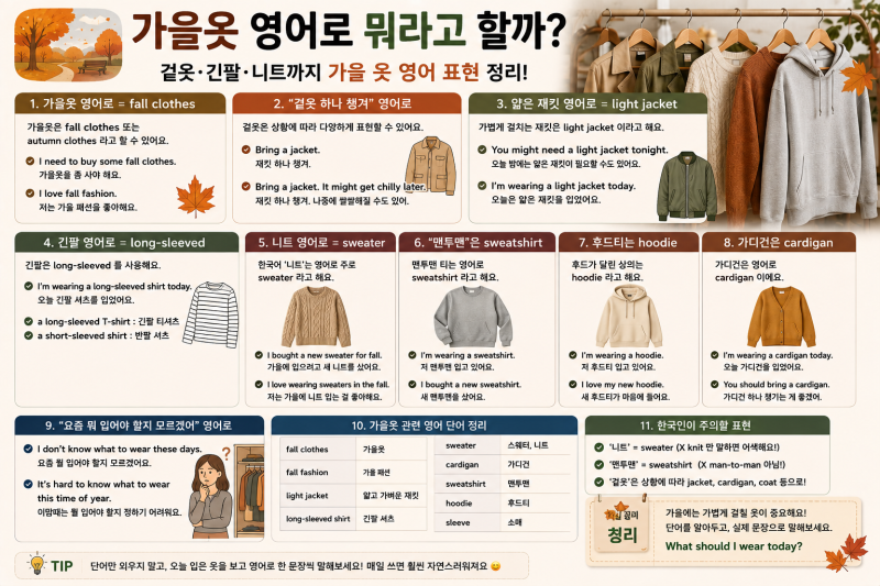 가을옷 영어로 뭐라고 할까? 겉옷·긴팔·니트까지 가을 옷 영어 표현 정리