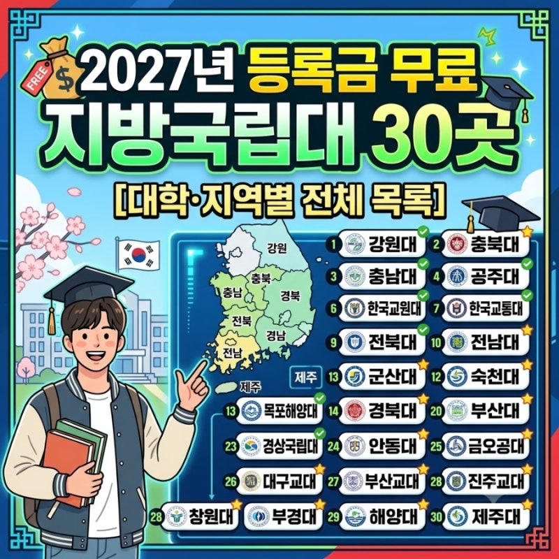 2027년 등록금 무료 지방국립대 30곳 어디?｜대학·지역별 전체 목록