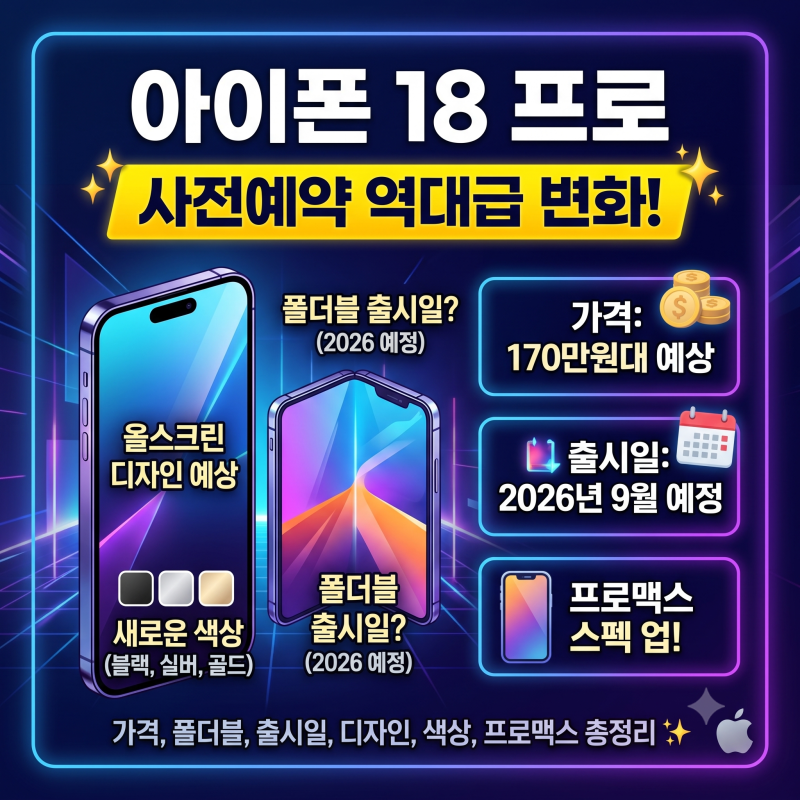 아이폰 18 프로 사전예약 역대급 변화! 가격, 폴더블 출시일, 디자인예상, 색상, 프로맥스 총....