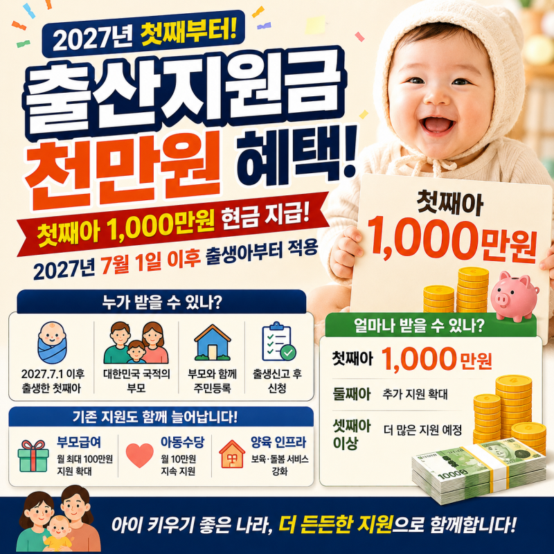 출산지원금 천만원 혜택｜2027년 첫째부터 1000만원, 누가 얼마나 받나