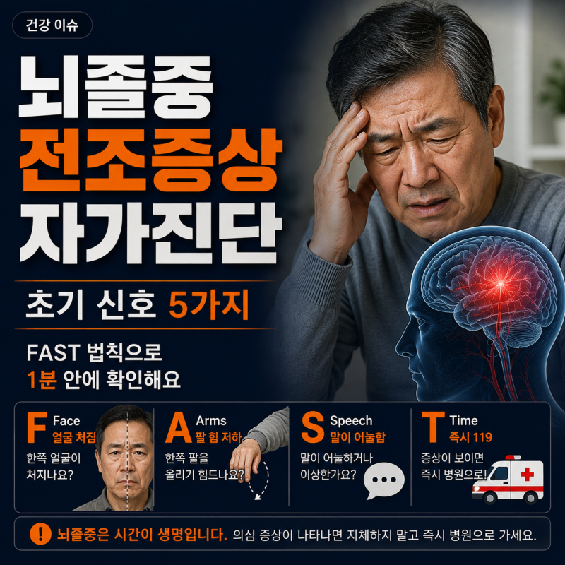 뇌졸중 전조증상 자가진단 | 초기 신호 5가지 — FAST 법칙으로 1분 안에 확인해요