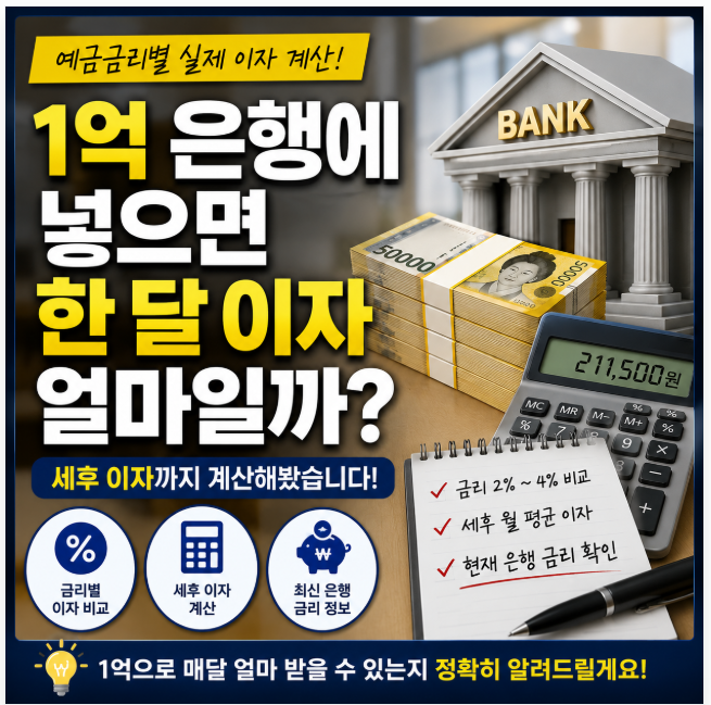 1억 은행에 넣으면 한 달 이자 얼마일까? 세후 이자까지 계산해봤습니다