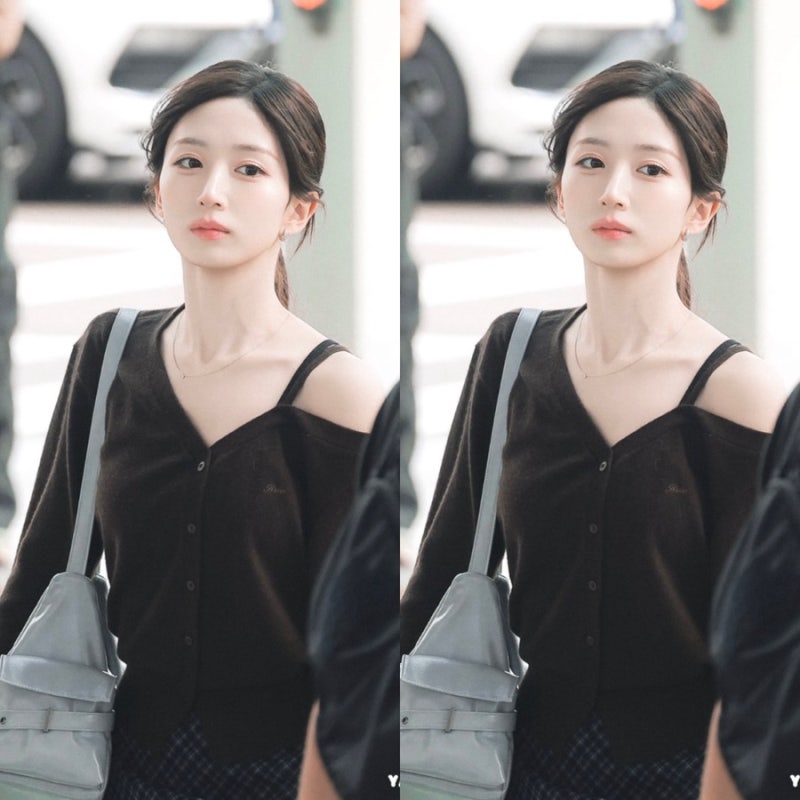 사연있어보여요..엔믹스 해원 공항패션 오프숄더 가디건 쉬폰 체크스커트 숄더백