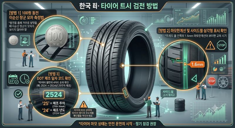 자동차 타이어 마모 한계선 확인법 및 교체 주기 총정리 (백원 동전 확인법, 타이어 위치교환....
