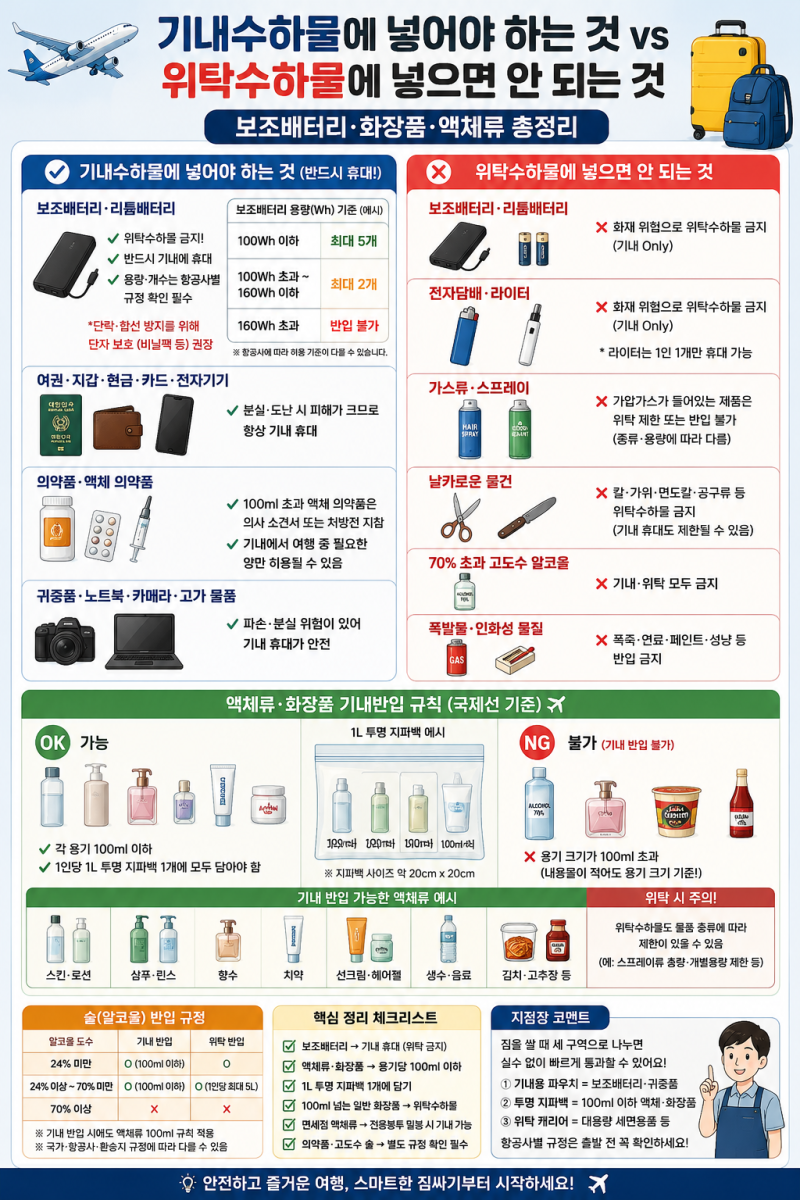 ✈️ 기내수하물에 넣어야 하는 것 vs 위탁수하물에 넣으면 안 되는 것보조배터리·화장품·....