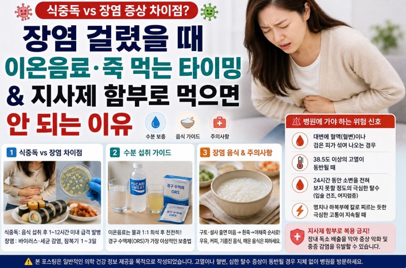 식중독 vs 장염 증상 차이점? 장염 걸렸을 때 이온음료·죽 먹는 타이밍 & 지사제 함부로 먹으....