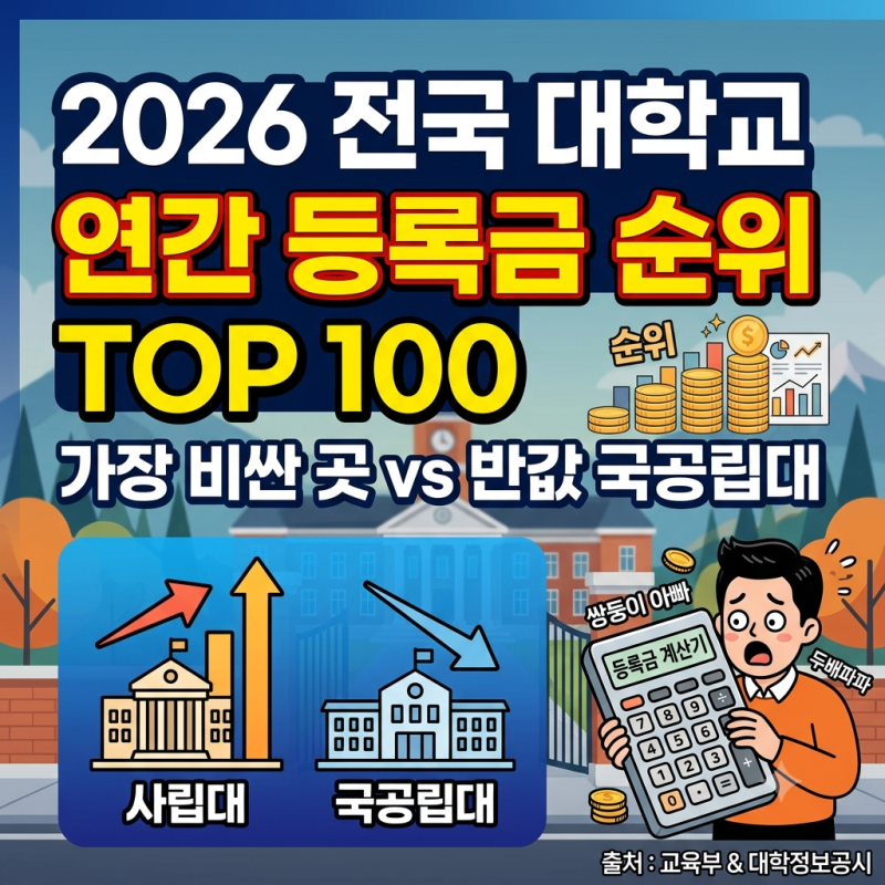 2026 전국 대학교 연간 등록금 순위 TOP 100가장 비싼 곳 vs 반값 국공립대