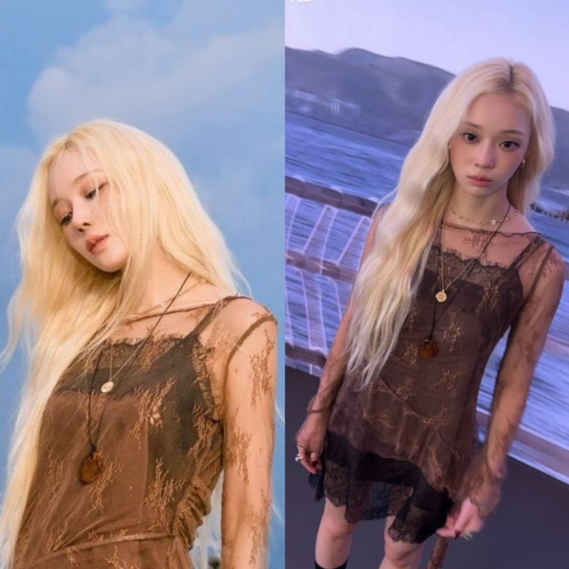 에스파 윈터 신곡 발매영상 속 레이스 새틴 나시 원피스 딩고 커버곡 여름의 속도 옷 정보