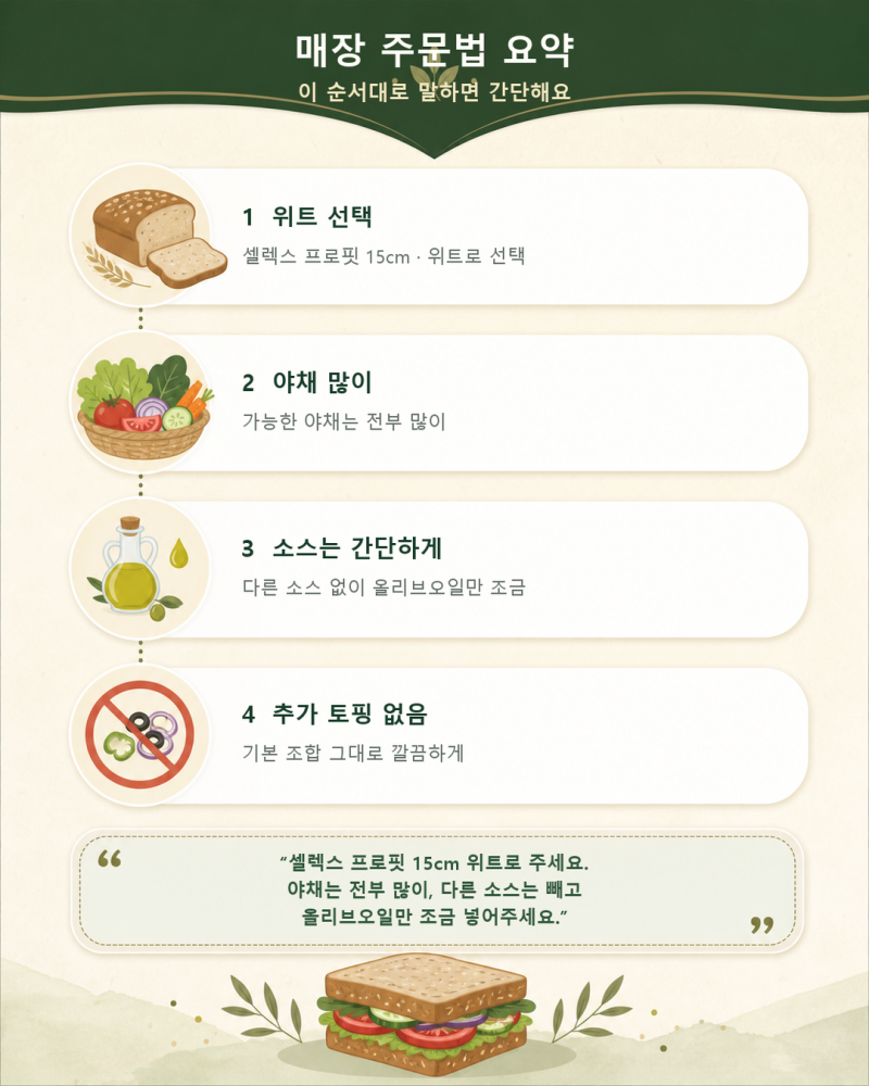 서브웨이 다이어트 조합 추천｜셀렉스 프로핏 + 위트 + 올리브오일, 영양성분까지 정리