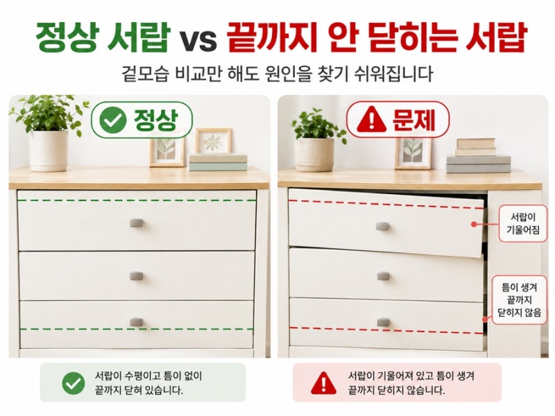 서랍이 뻑뻑하거나 끝까지 안 닫힐 때｜레일 문제 확인하는 방법