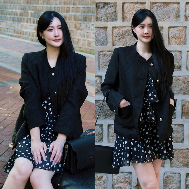 로엠 미디 트위드자켓 블랙 여자 가을 코디 추천, 26년 추석세일 이랜드위크