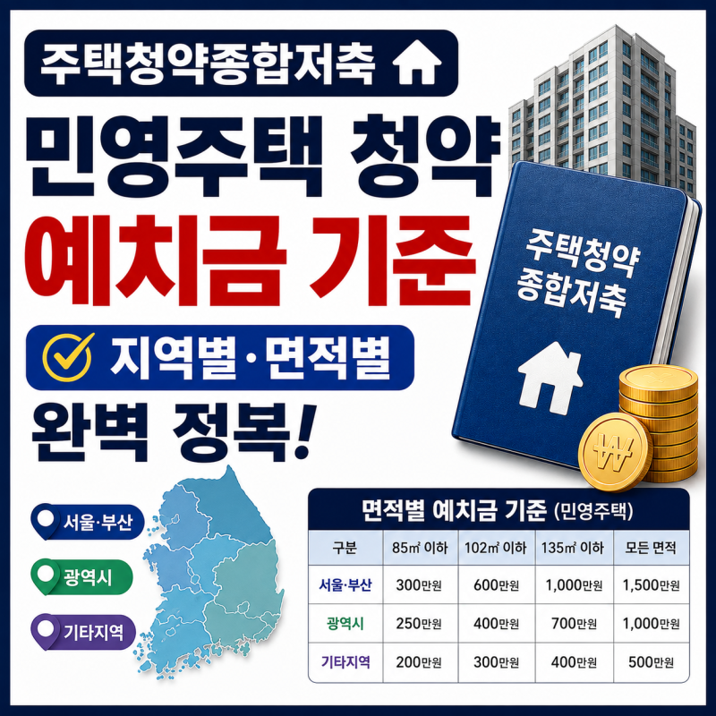 주택청약종합저축으로 민영주택 청약에 도전할 때, 지역별·면적별 예치금 기준은 과연 어떻....