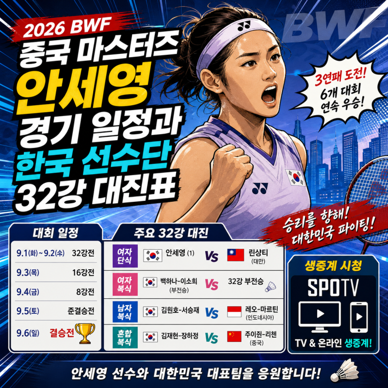 안세영 중국 마스터즈 경기 일정과 한국 선수단 32강 대진표