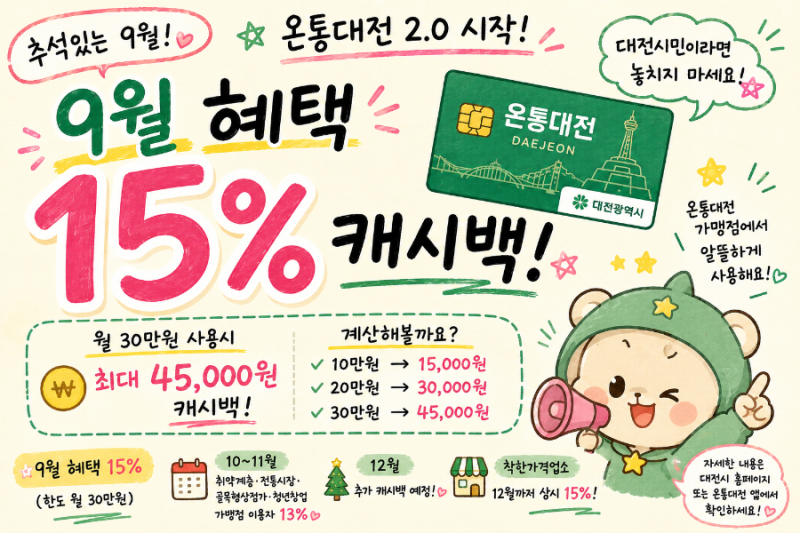 대전사랑카드 9월 15% 혜택! 온통대전 2.0 캐시백 총정리