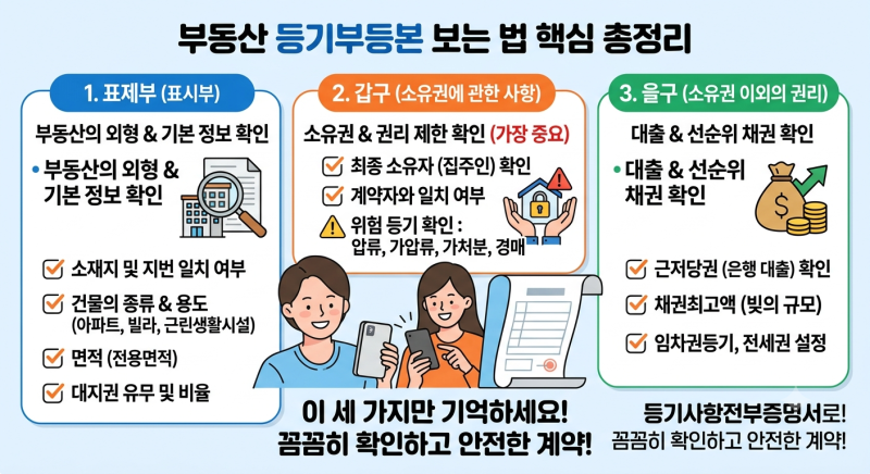 부동산 등기부등본 보는 법, 표제부 갑구 을구 핵심만 짚어주는 확인법