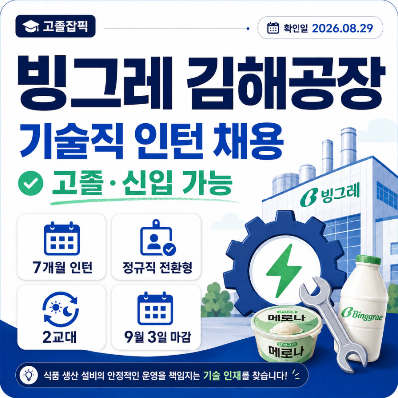빙그레 김해공장 기술직 인턴 채용 2026｜고졸·신입 가능·7개월 정규직 전환형, 9월3일 마감