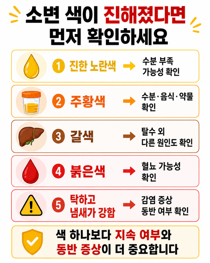 소변 색이 진한 이유｜노란색·갈색·붉은색일 때 확인해야 할 신호