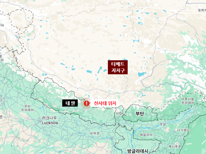 중국 티베트 위치 지도와 네팔 산사태 홍수 지역 위치