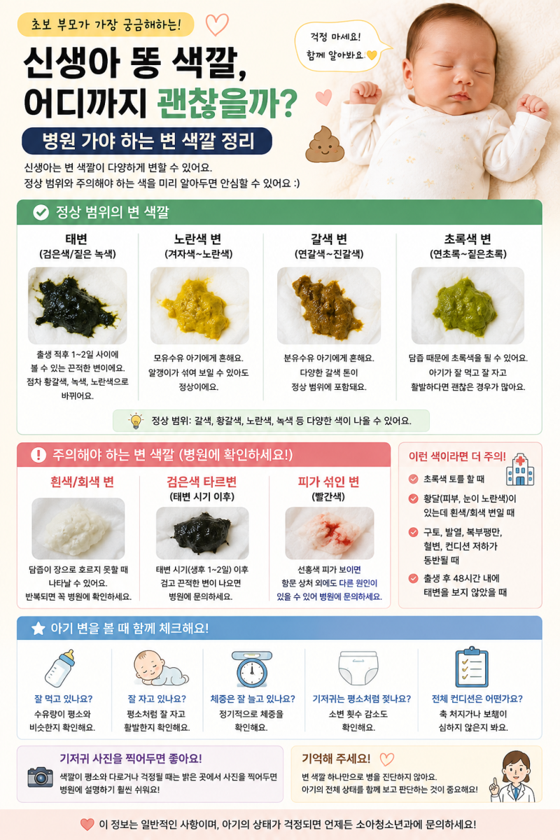 신생아 똥 색깔, 초록색·검은색·노란색 괜찮을까? 병원 가야 하는 변 색깔 정리 / 서이추 환....