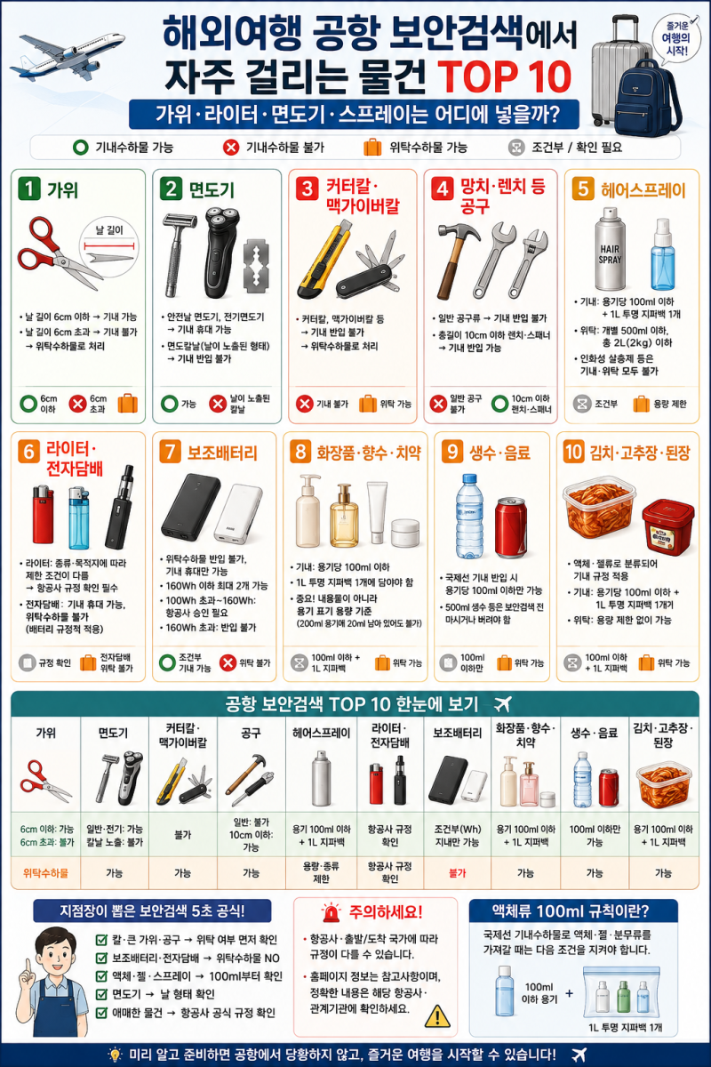 ✈️ 해외여행 공항 보안검색에서 자주 걸리는 물건 TOP 10가위·라이터·면도기·스프레이는 ....