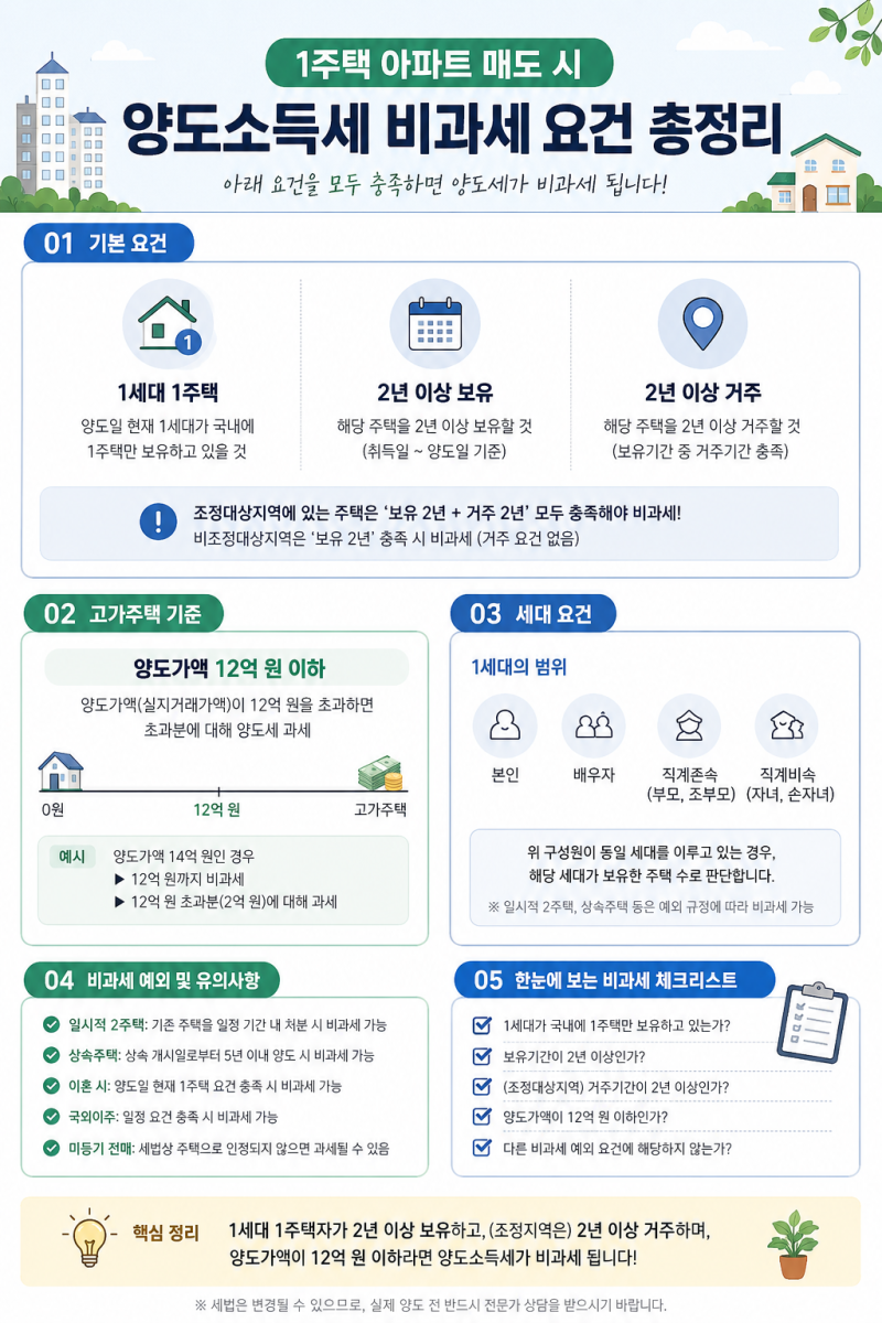 양도소득세 비과세 요건 1주택, 아파트 매도 시 양도세 안 내는 비과세 기준 총정리